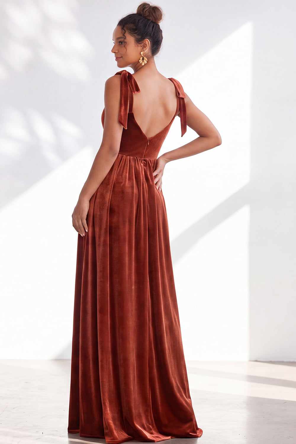 Burgundy A-Line Velvet Long Formal Dress with Bows