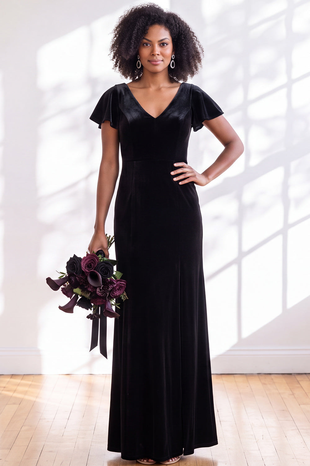 Black Sheath V-Neck Long Velvet Formal Dress with Sleeves