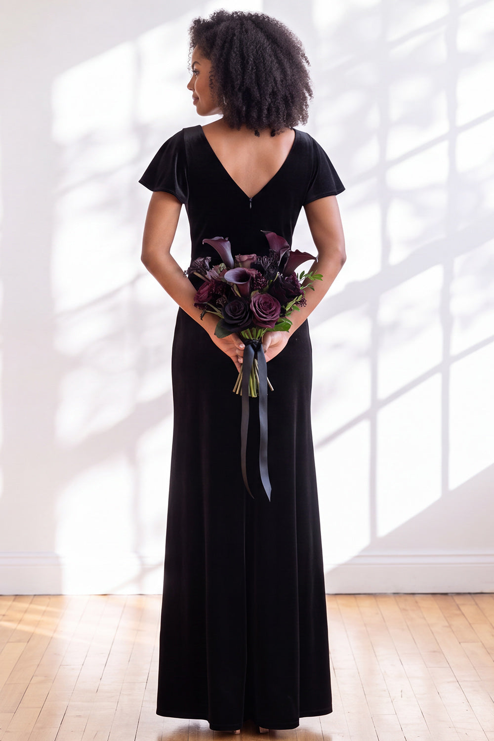 Black Sheath V-Neck Long Velvet Formal Dress with Sleeves