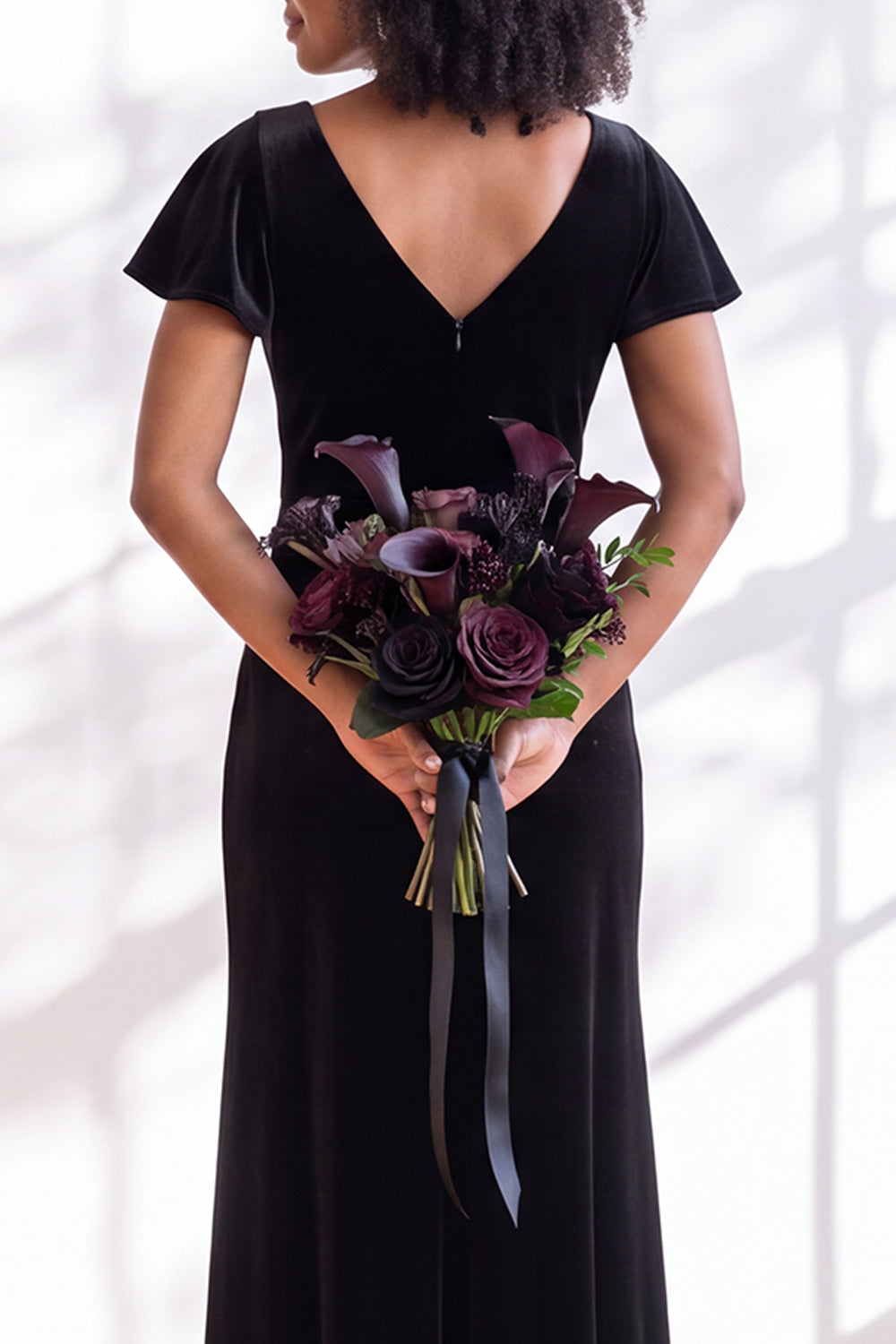 Black Sheath V-Neck Long Velvet Formal Dress with Sleeves