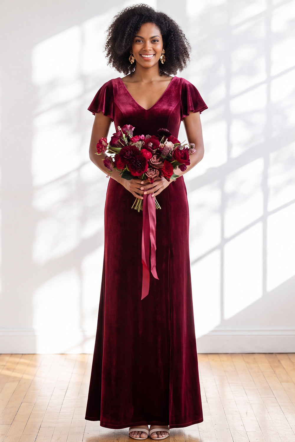 Black Sheath V-Neck Long Velvet Formal Dress with Sleeves