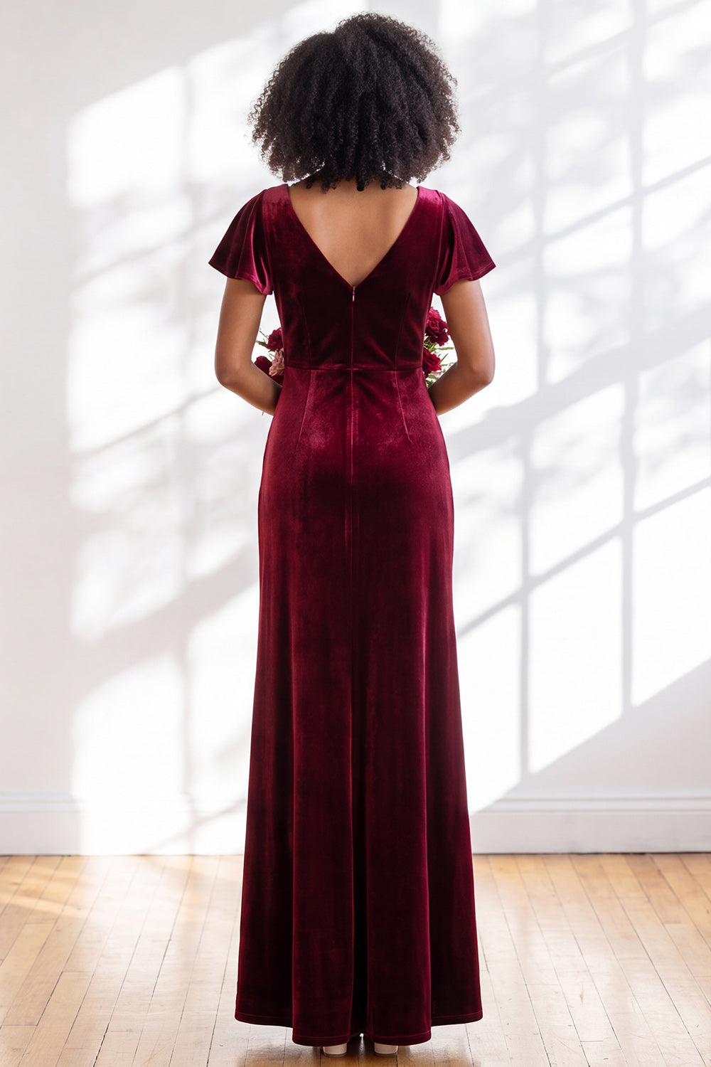 Black Sheath V-Neck Long Velvet Formal Dress with Sleeves