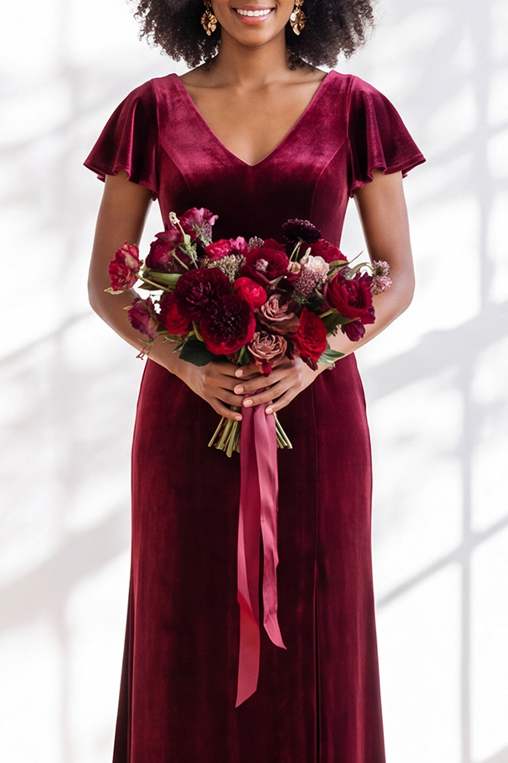Black Sheath V-Neck Long Velvet Formal Dress with Sleeves