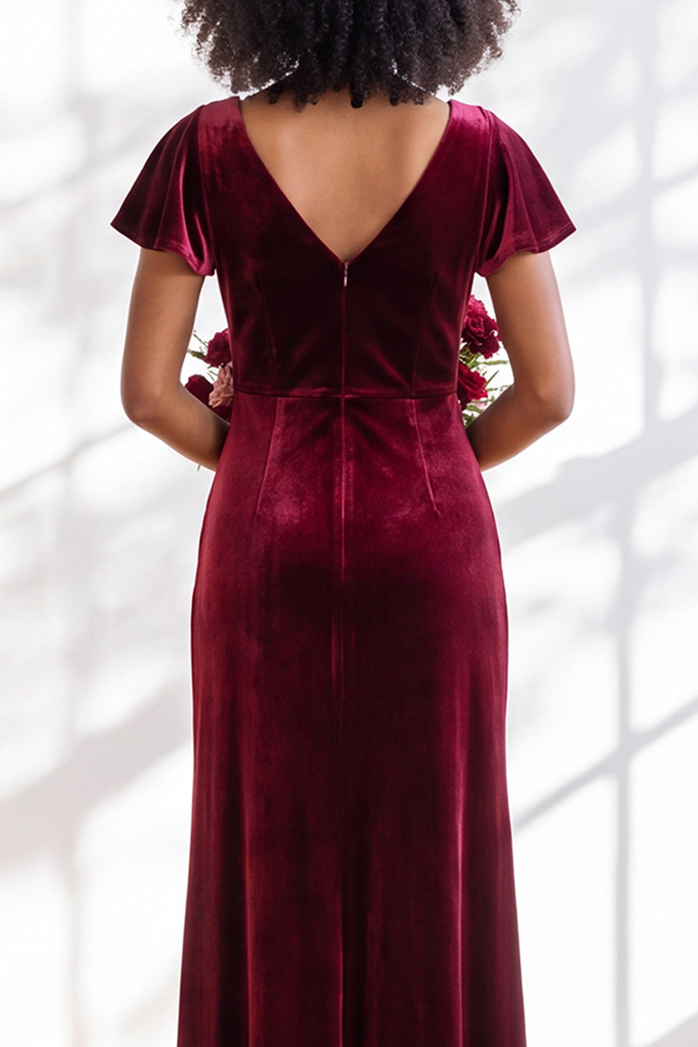 Black Sheath V-Neck Long Velvet Formal Dress with Sleeves