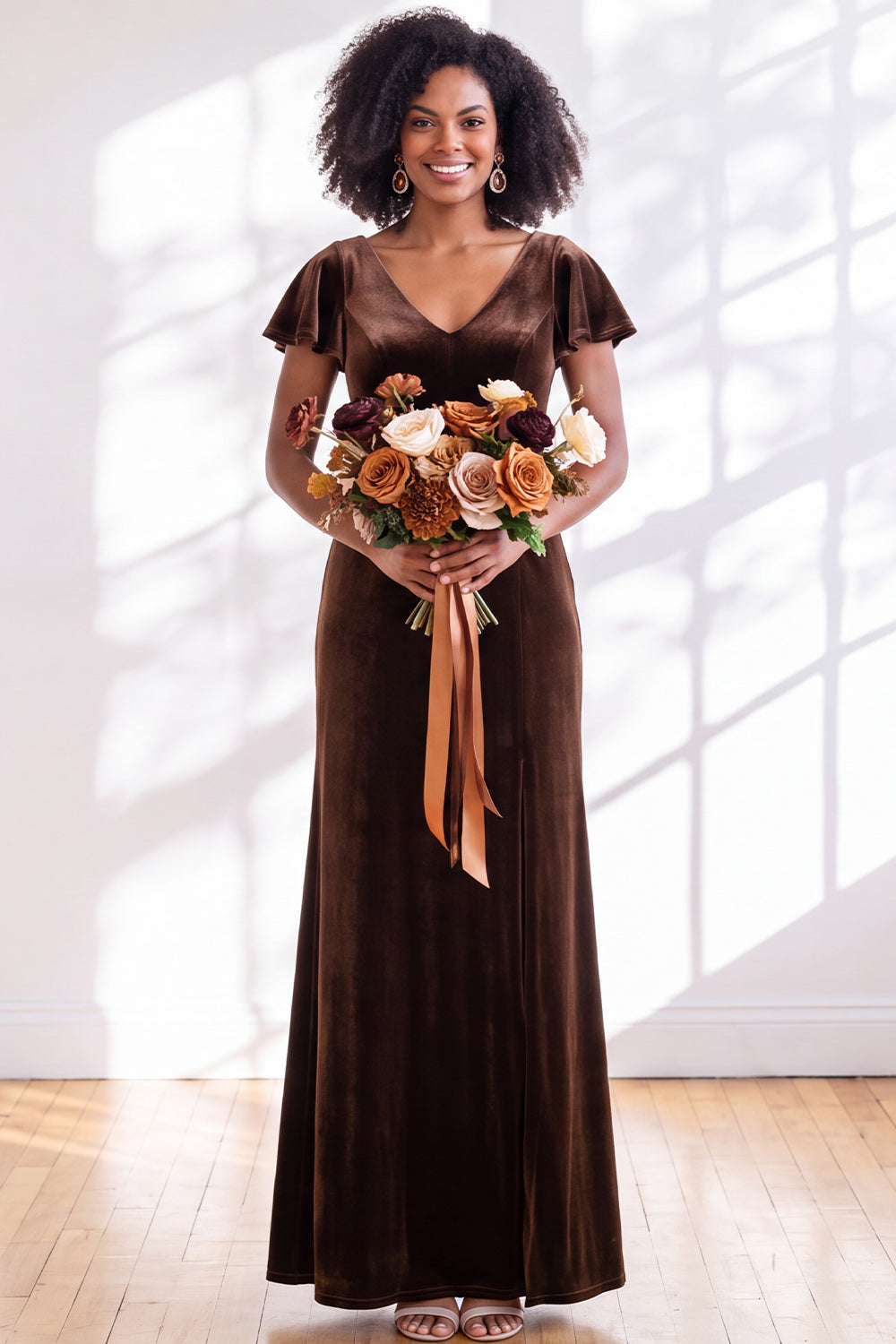 Black Sheath V-Neck Long Velvet Formal Dress with Sleeves