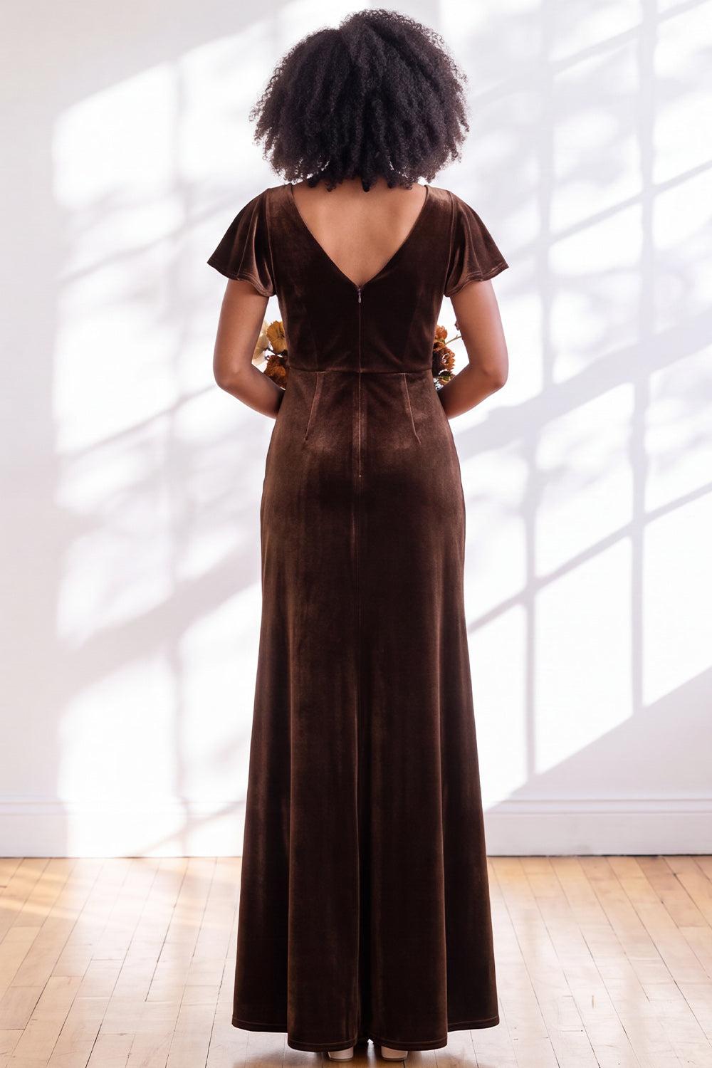 Black Sheath V-Neck Long Velvet Formal Dress with Sleeves