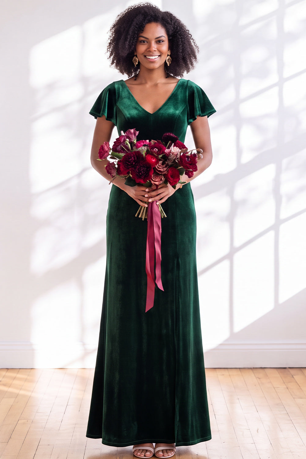 Black Sheath V-Neck Long Velvet Formal Dress with Sleeves