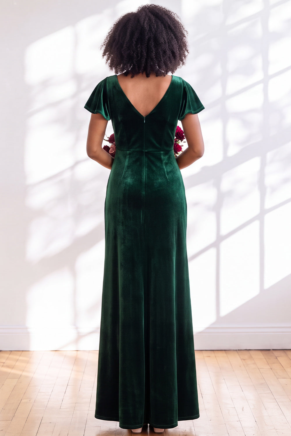 Black Sheath V-Neck Long Velvet Formal Dress with Sleeves