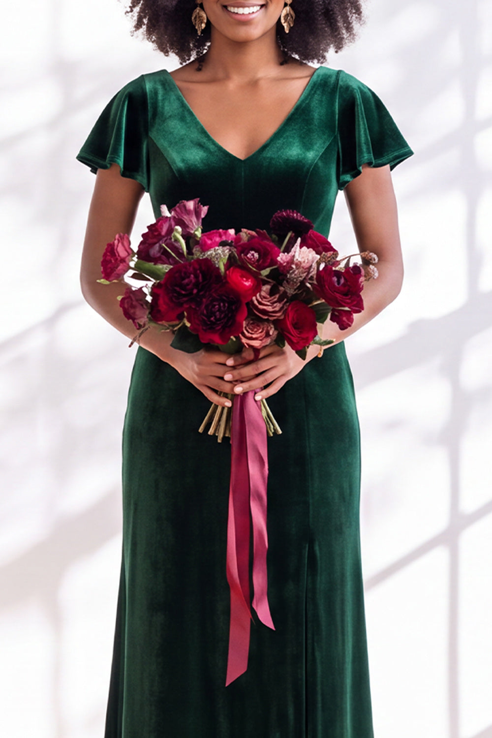 Black Sheath V-Neck Long Velvet Formal Dress with Sleeves