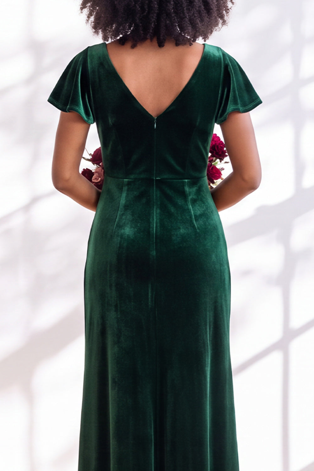 Black Sheath V-Neck Long Velvet Formal Dress with Sleeves