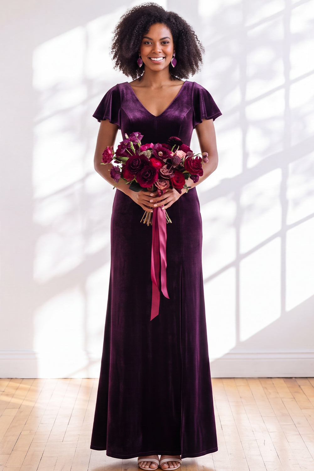 Black Sheath V-Neck Long Velvet Formal Dress with Sleeves