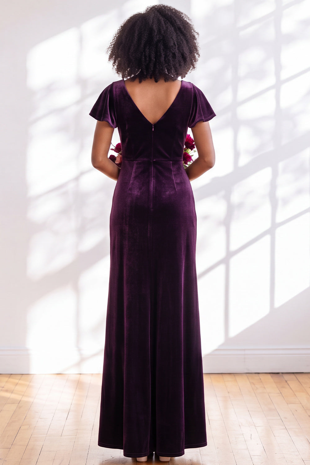 Black Sheath V-Neck Long Velvet Formal Dress with Sleeves
