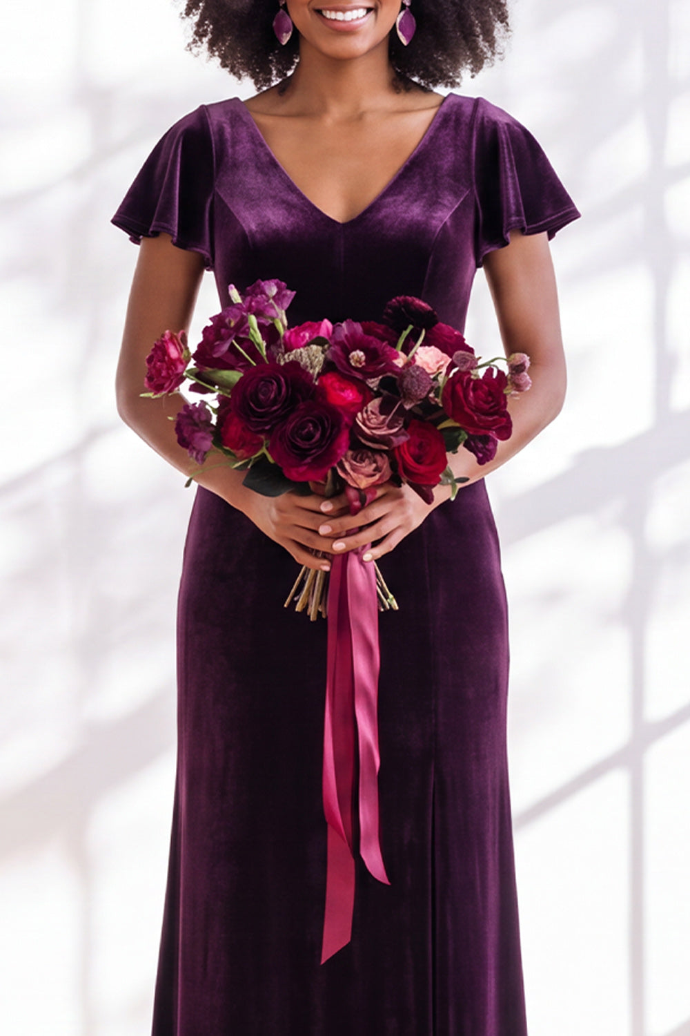 Black Sheath V-Neck Long Velvet Formal Dress with Sleeves