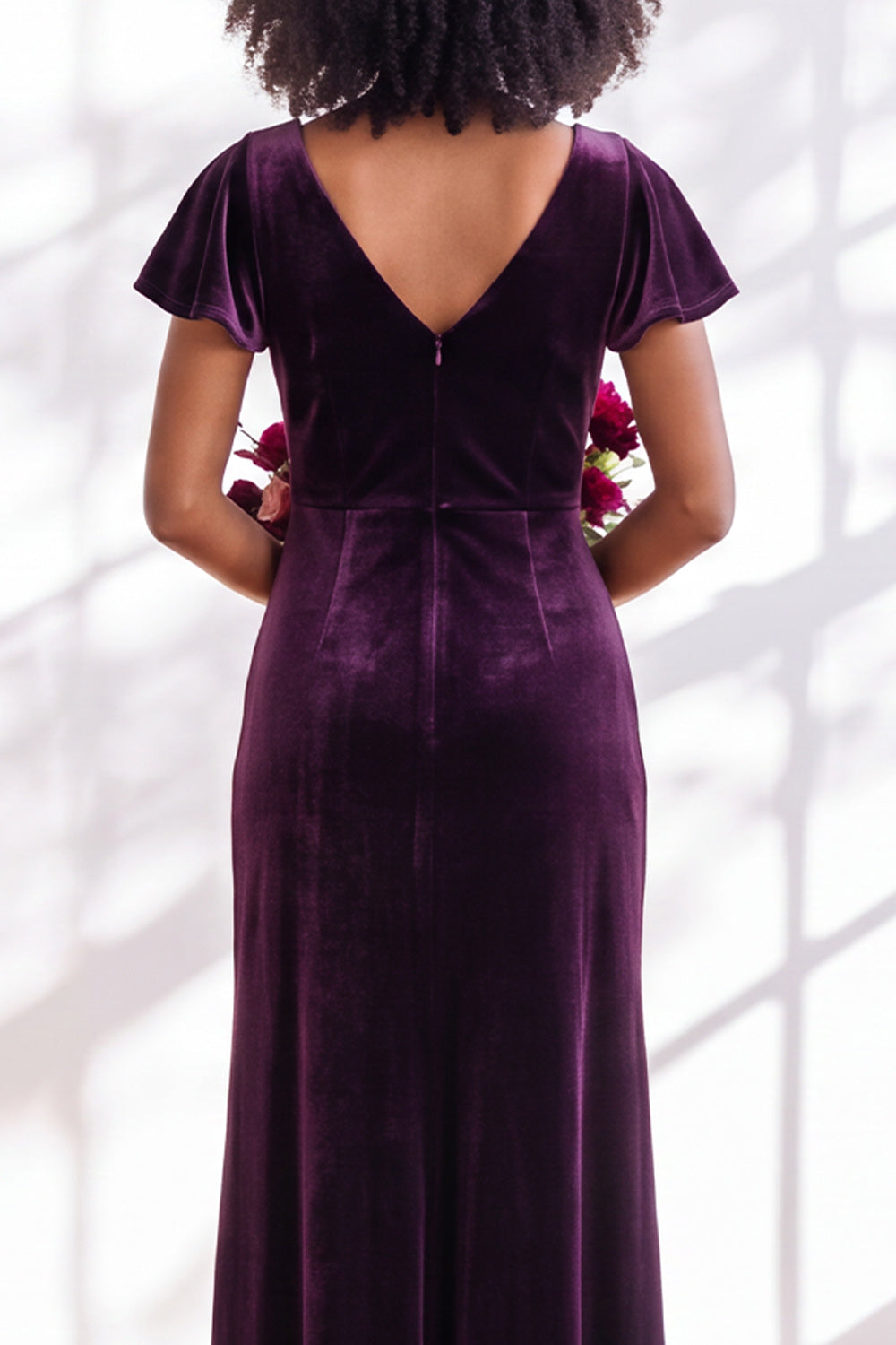 Black Sheath V-Neck Long Velvet Formal Dress with Sleeves