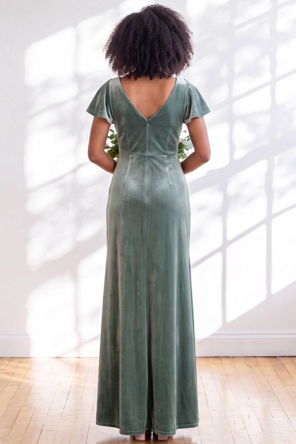Black Sheath V-Neck Long Velvet Formal Dress with Sleeves