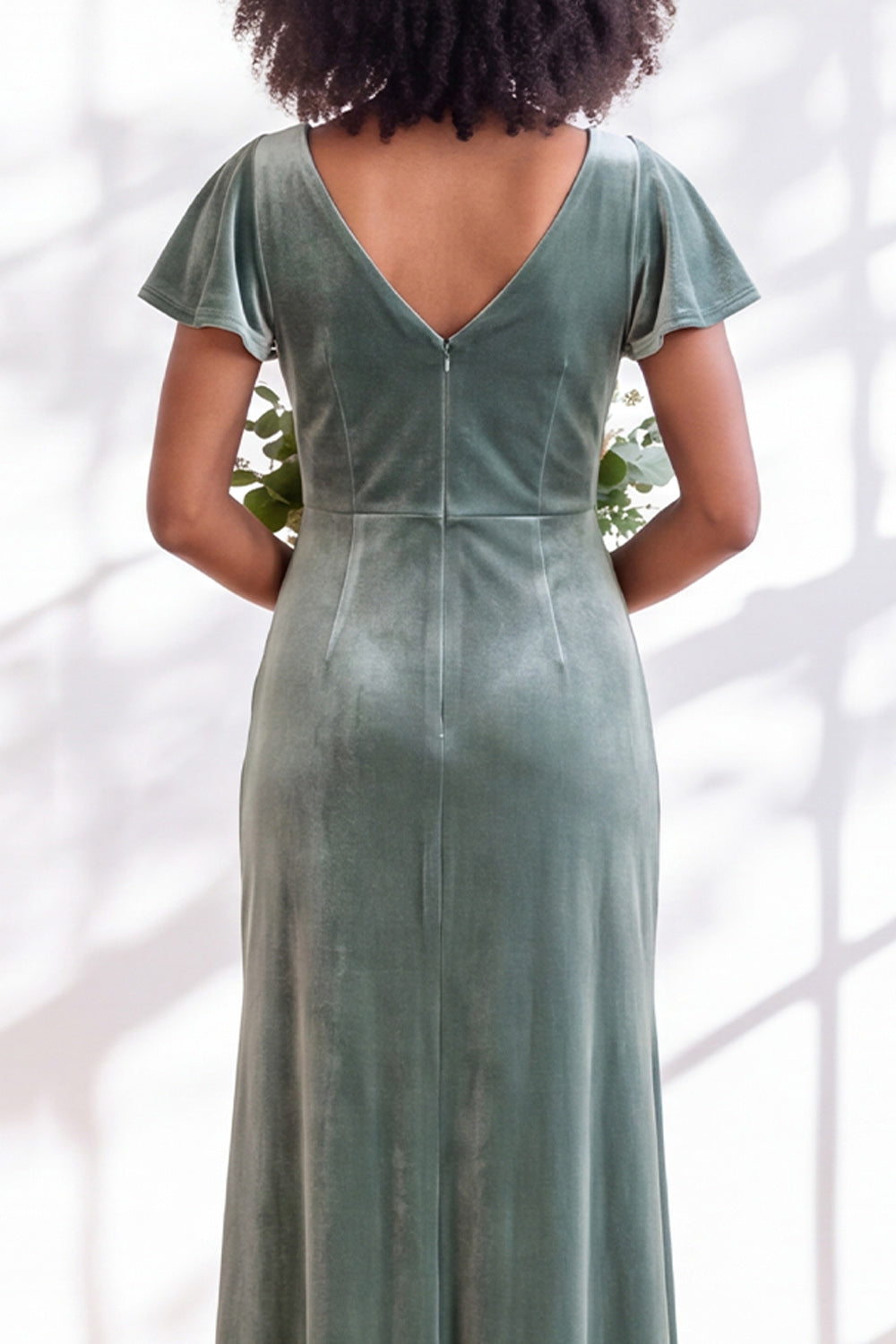 Black Sheath V-Neck Long Velvet Formal Dress with Sleeves