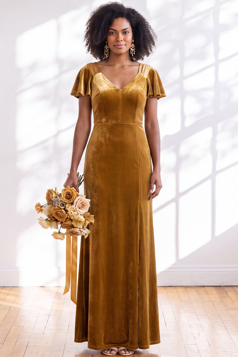 Black Sheath V-Neck Long Velvet Formal Dress with Sleeves