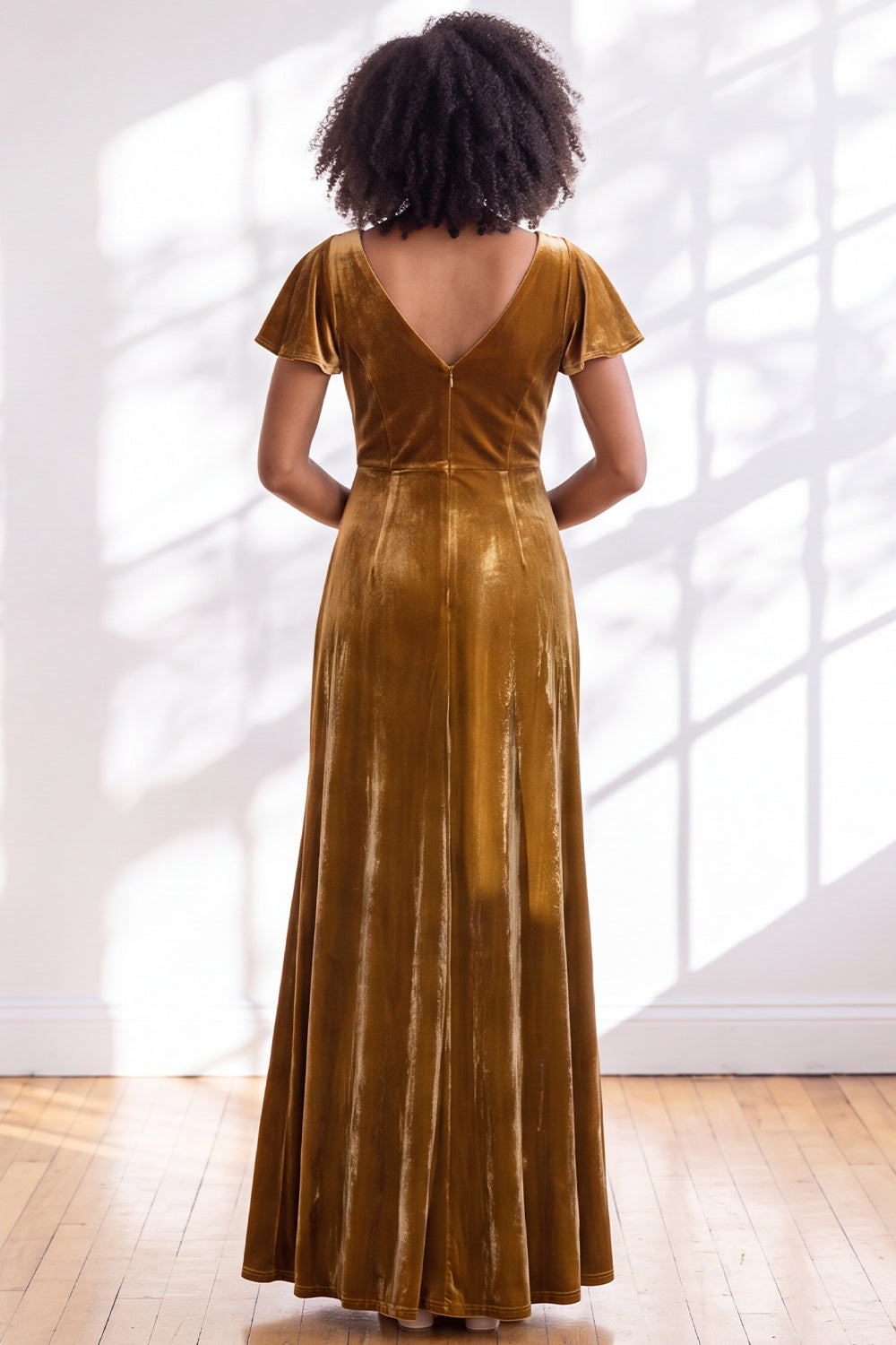 Black Sheath V-Neck Long Velvet Formal Dress with Sleeves