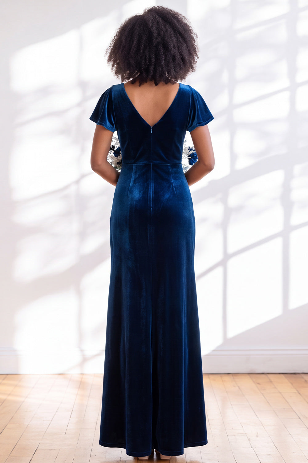 Black Sheath V-Neck Long Velvet Formal Dress with Sleeves
