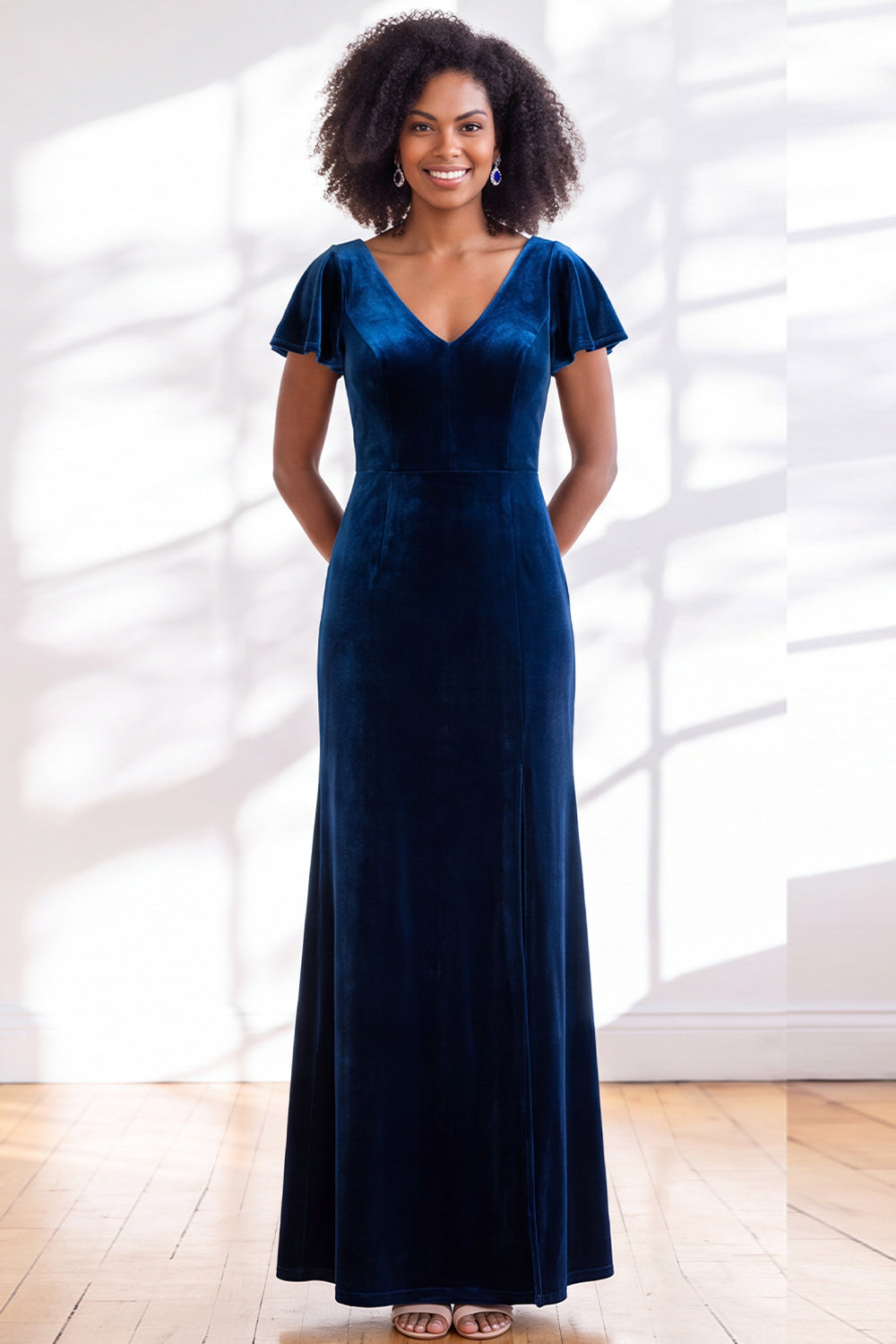 Black Sheath V-Neck Long Velvet Formal Dress with Sleeves