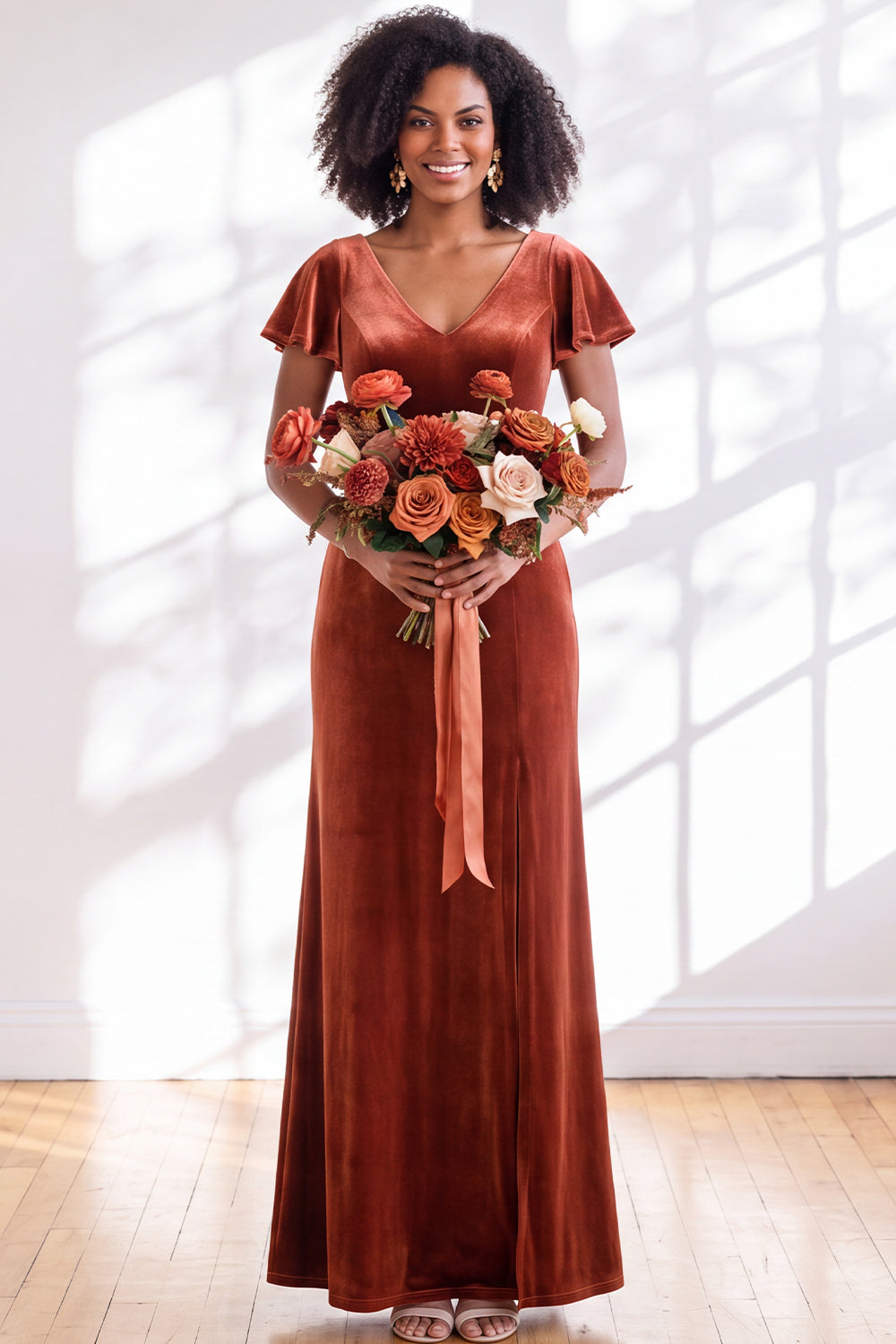 Black Sheath V-Neck Long Velvet Formal Dress with Sleeves