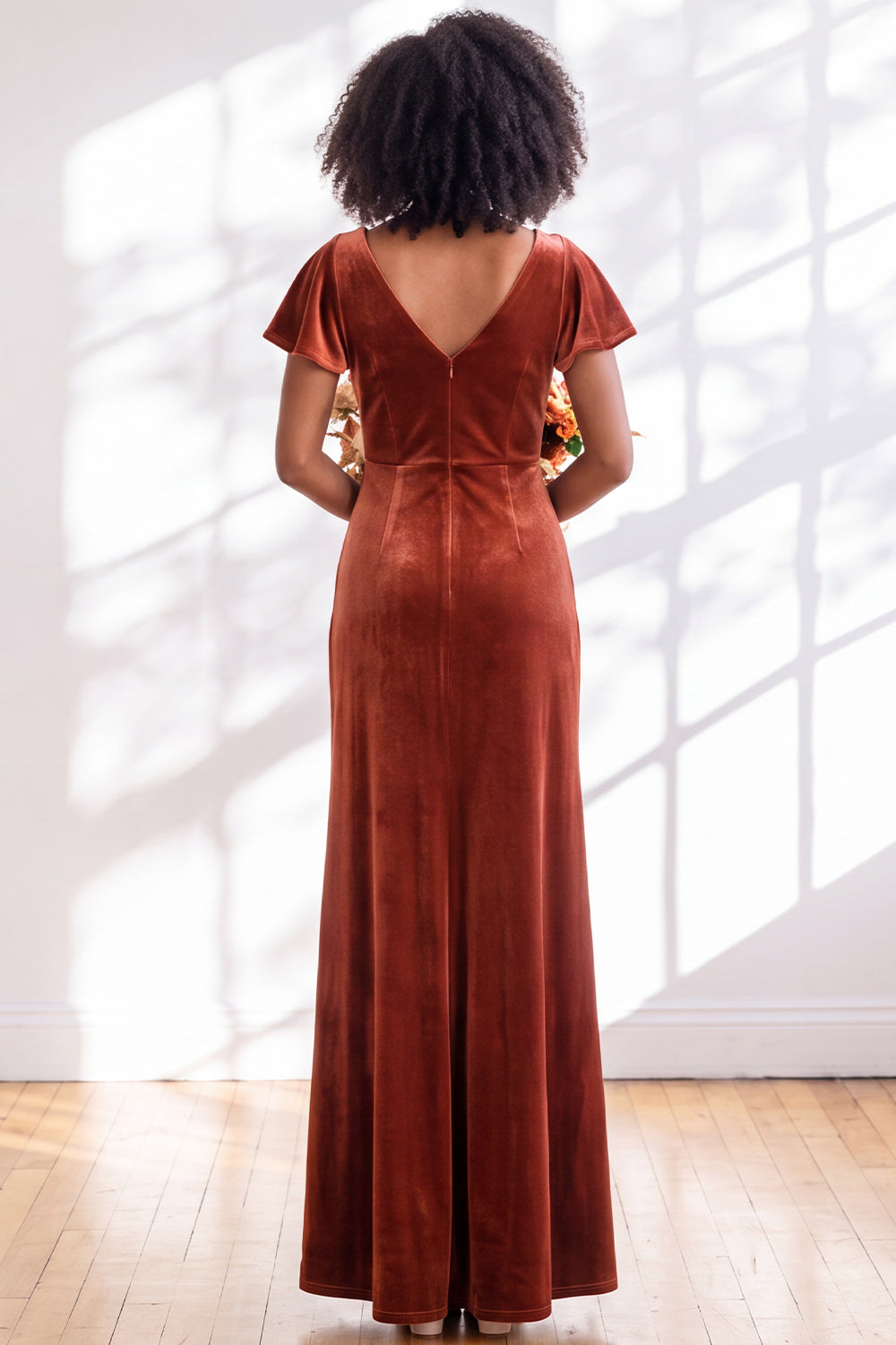 Black Sheath V-Neck Long Velvet Formal Dress with Sleeves