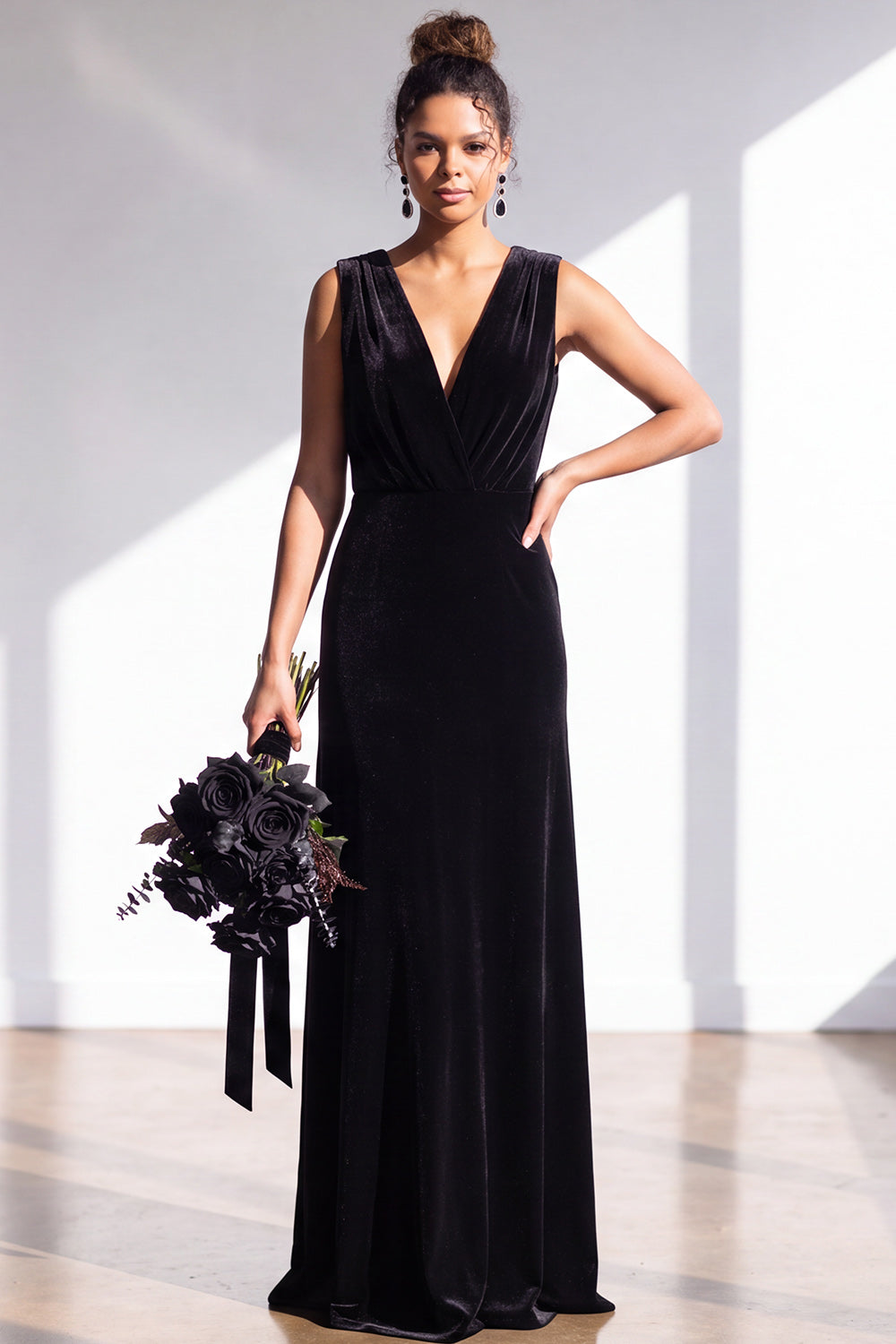 Coffee Velvet Sheath V-Neck Long Formal Dress