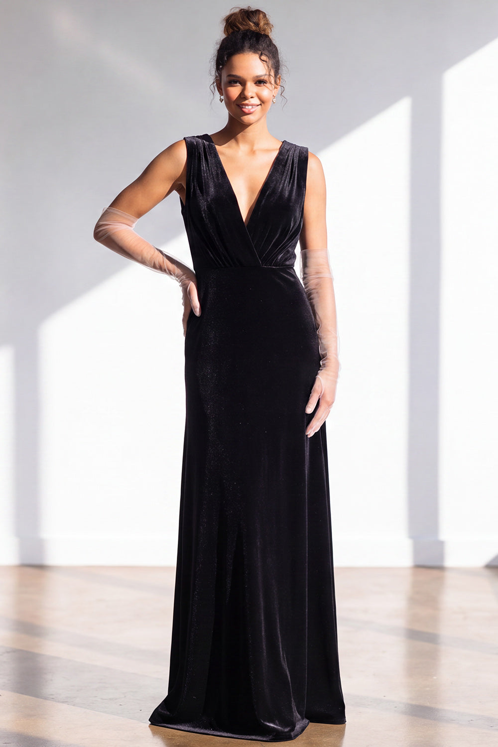 Coffee Velvet Sheath V-Neck Long Formal Dress