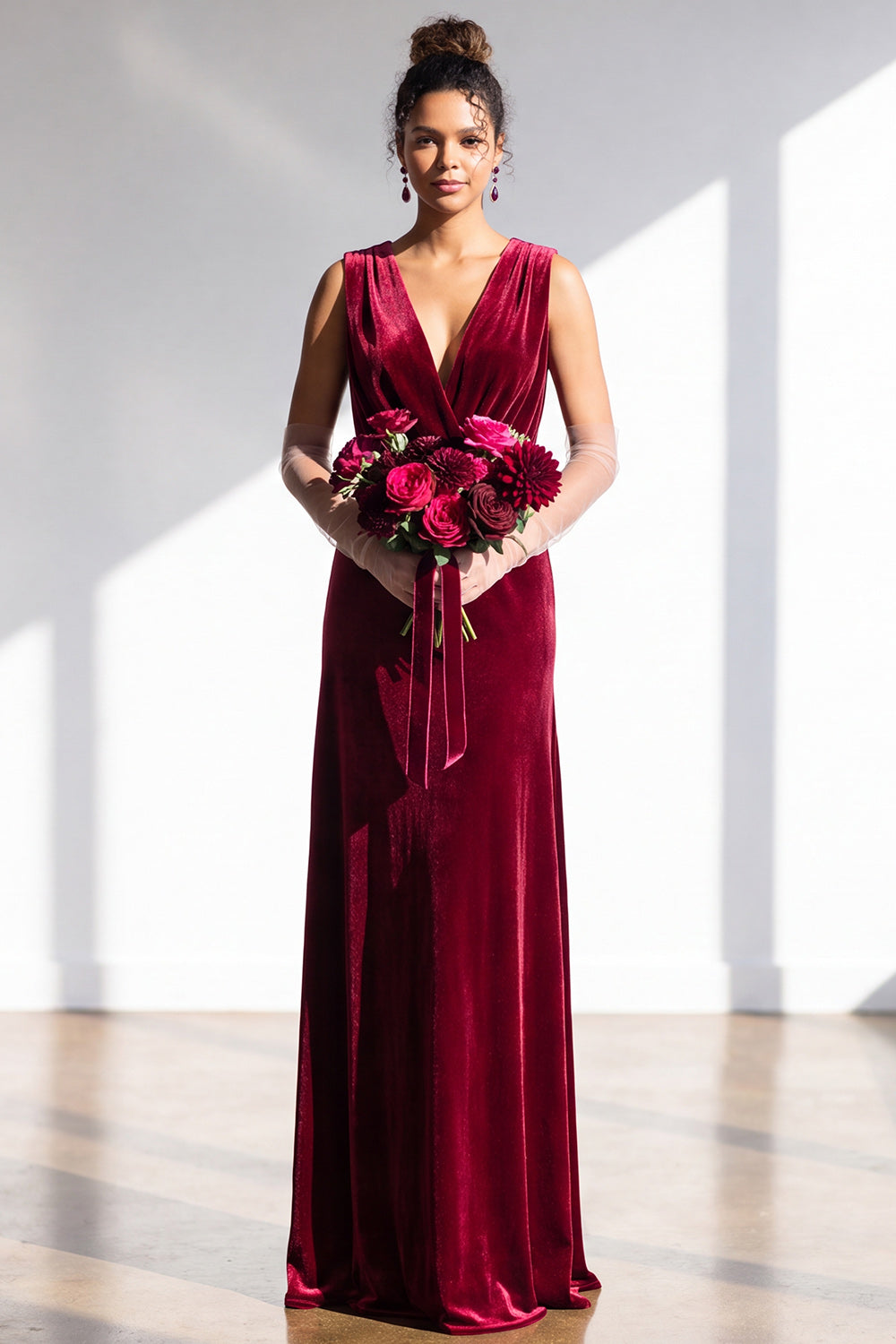 Coffee Velvet Sheath V-Neck Long Formal Dress