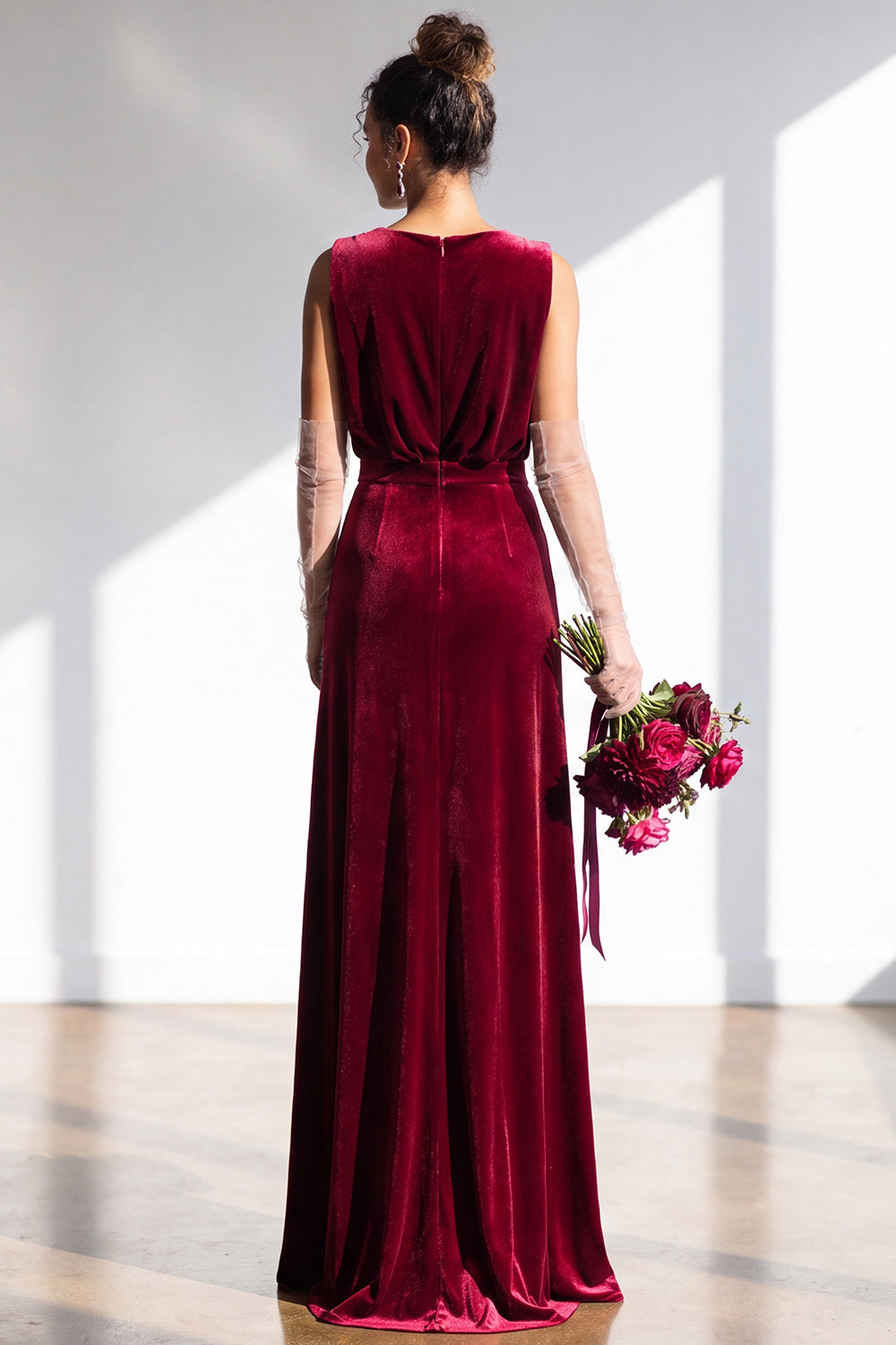 Coffee Velvet Sheath V-Neck Long Formal Dress