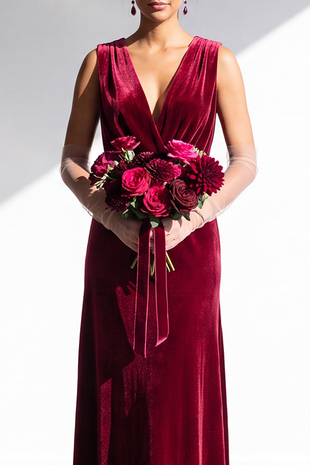 Coffee Velvet Sheath V-Neck Long Formal Dress