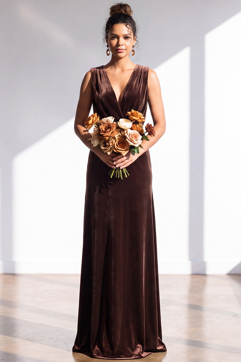Coffee Velvet Sheath V-Neck Long Formal Dress