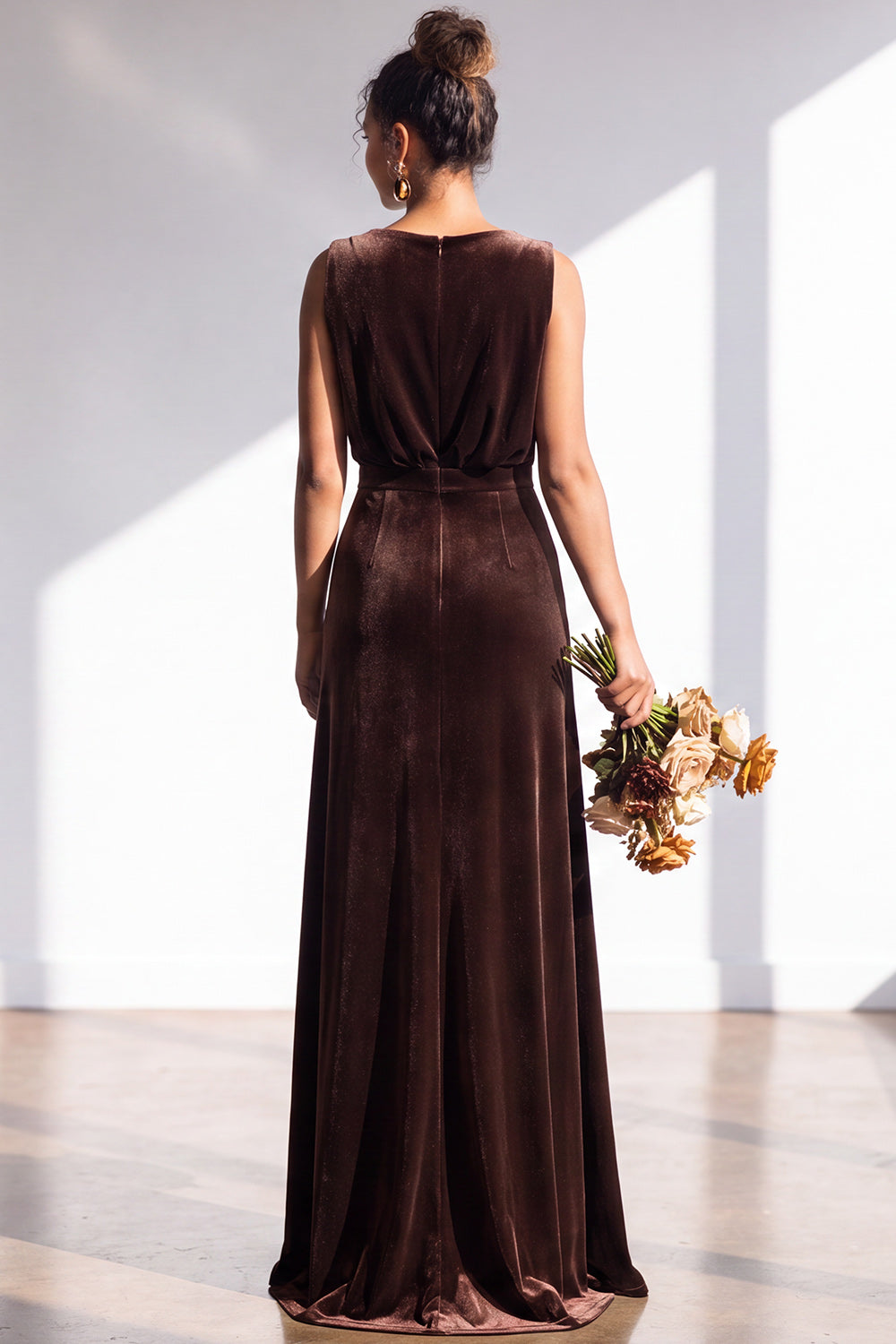 Coffee Velvet Sheath V-Neck Long Formal Dress