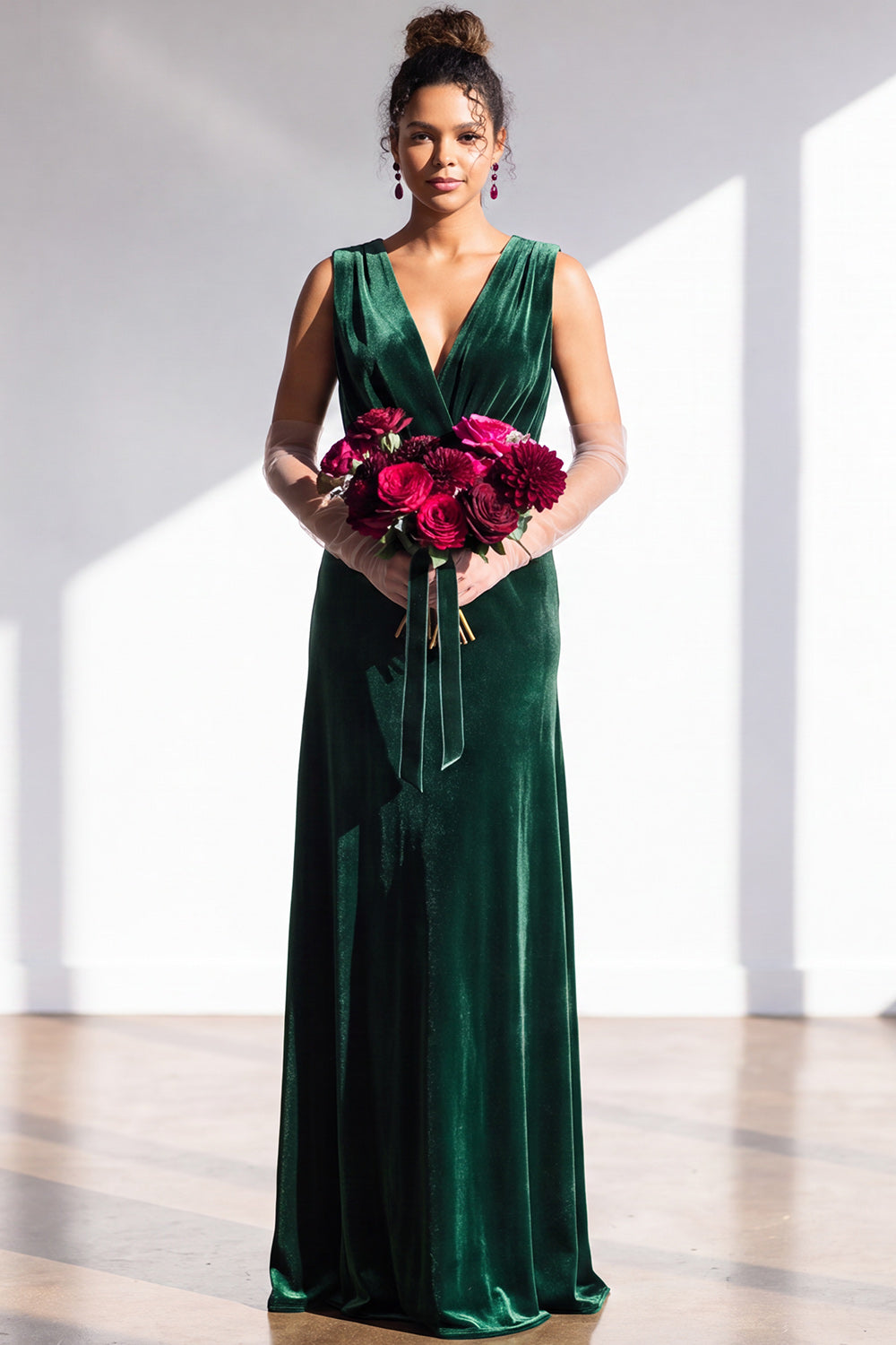 Coffee Velvet Sheath V-Neck Long Formal Dress