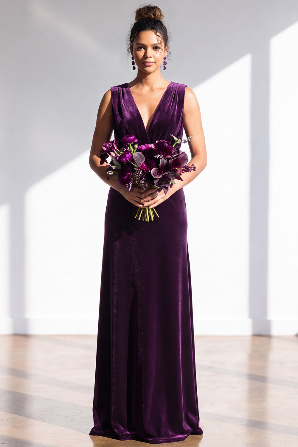 Coffee Velvet Sheath V-Neck Long Formal Dress