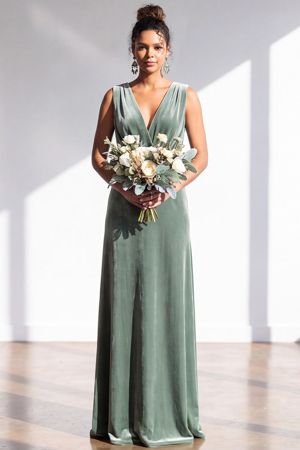 Coffee Velvet Sheath V-Neck Long Formal Dress