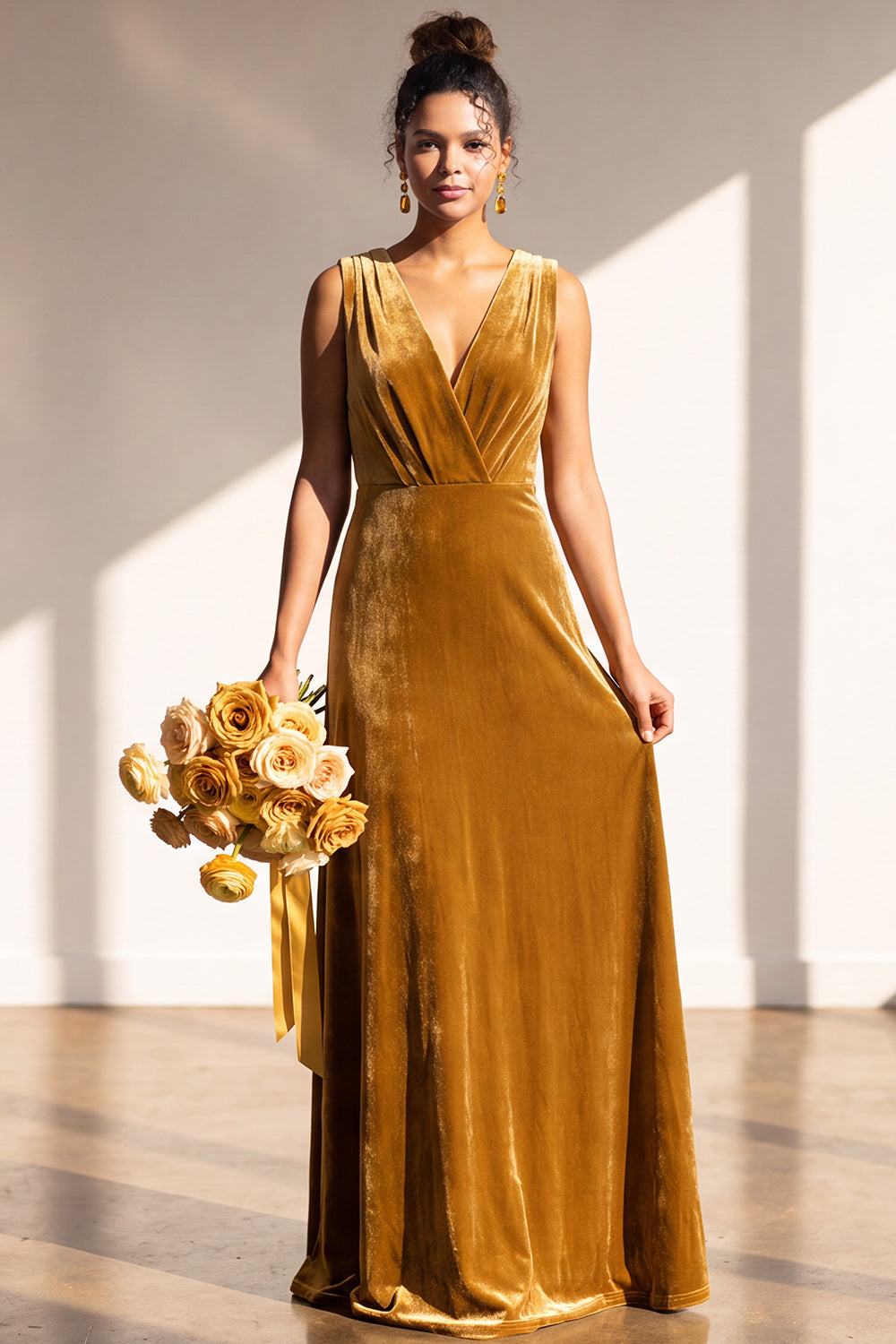 Coffee Velvet Sheath V-Neck Long Formal Dress