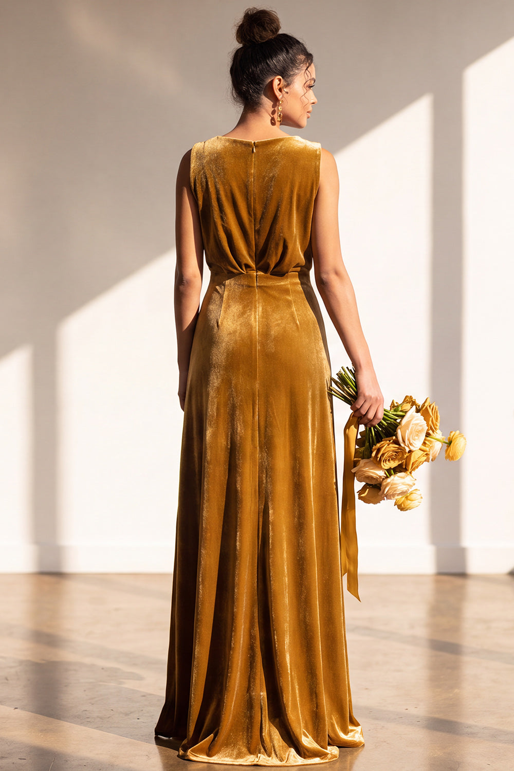 Coffee Velvet Sheath V-Neck Long Formal Dress