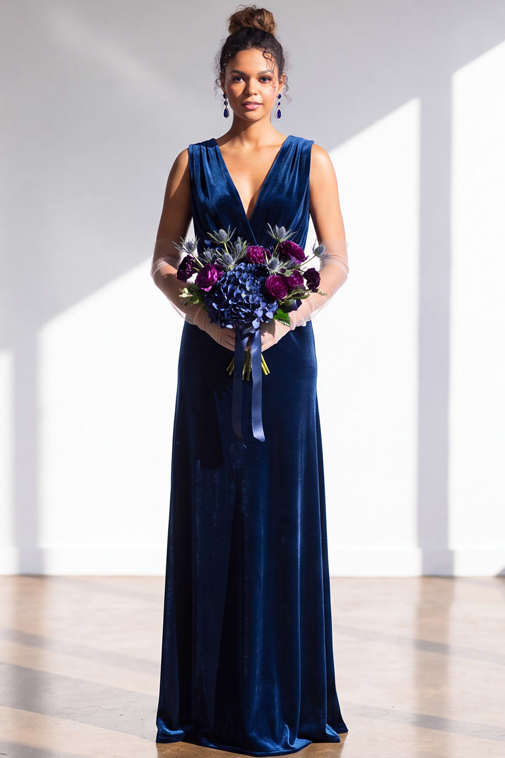 Coffee Velvet Sheath V-Neck Long Formal Dress