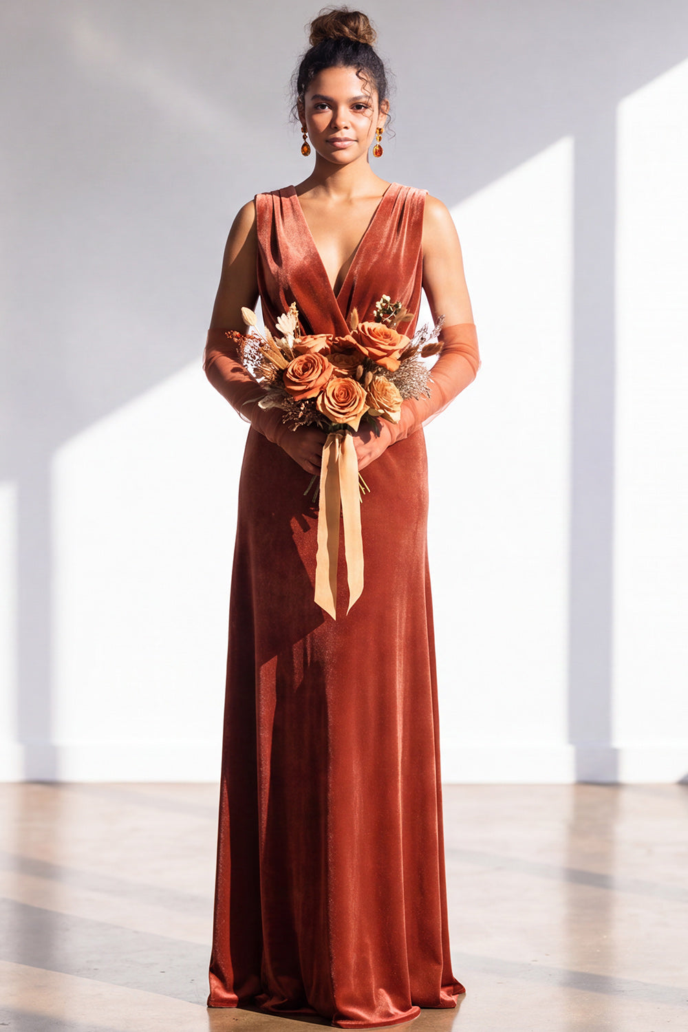 Coffee Velvet Sheath V-Neck Long Formal Dress