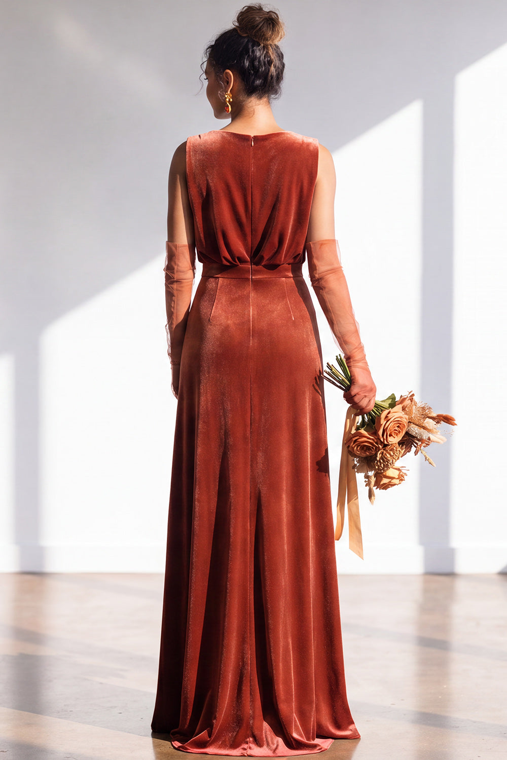 Coffee Velvet Sheath V-Neck Long Formal Dress