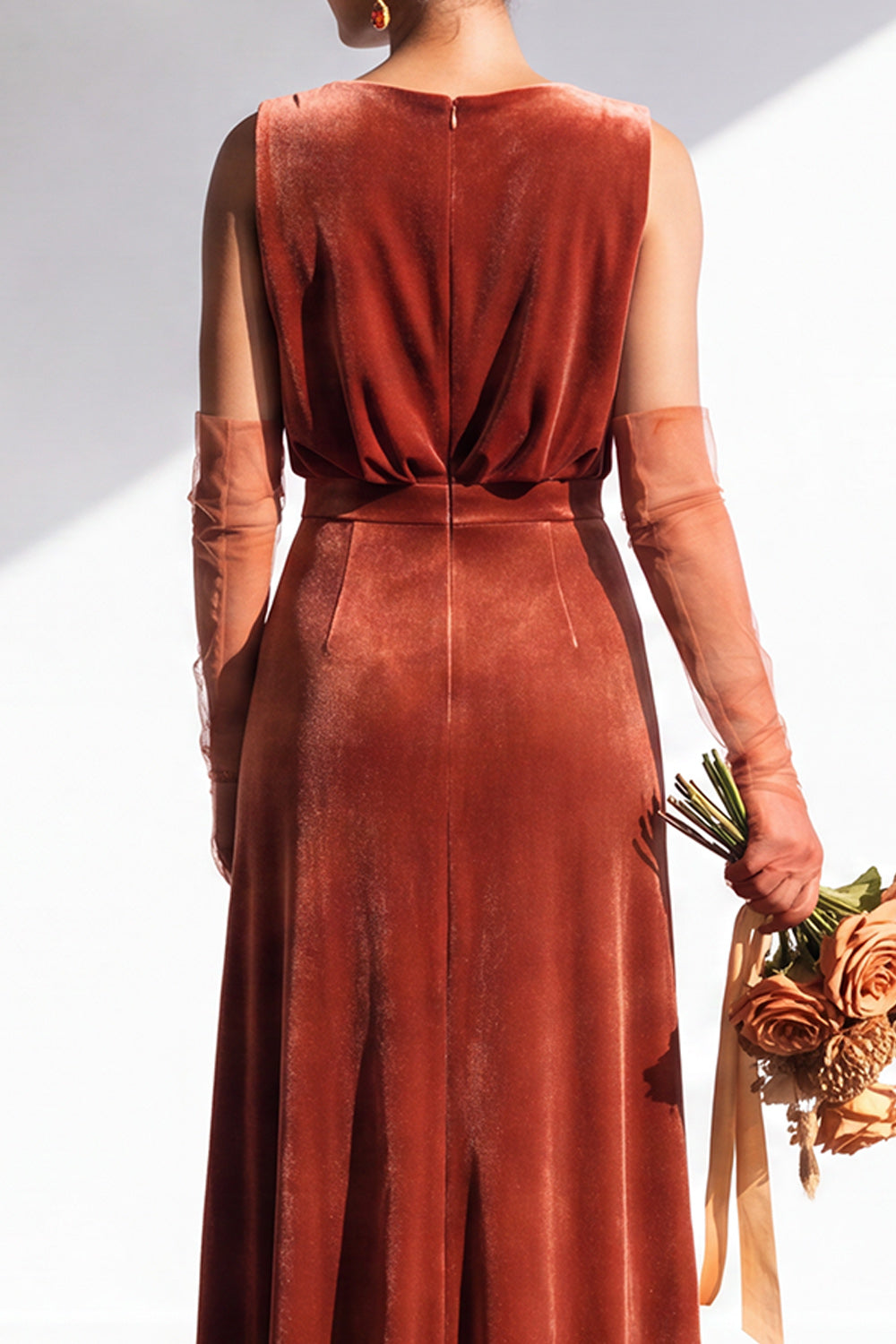 Coffee Velvet Sheath V-Neck Long Formal Dress