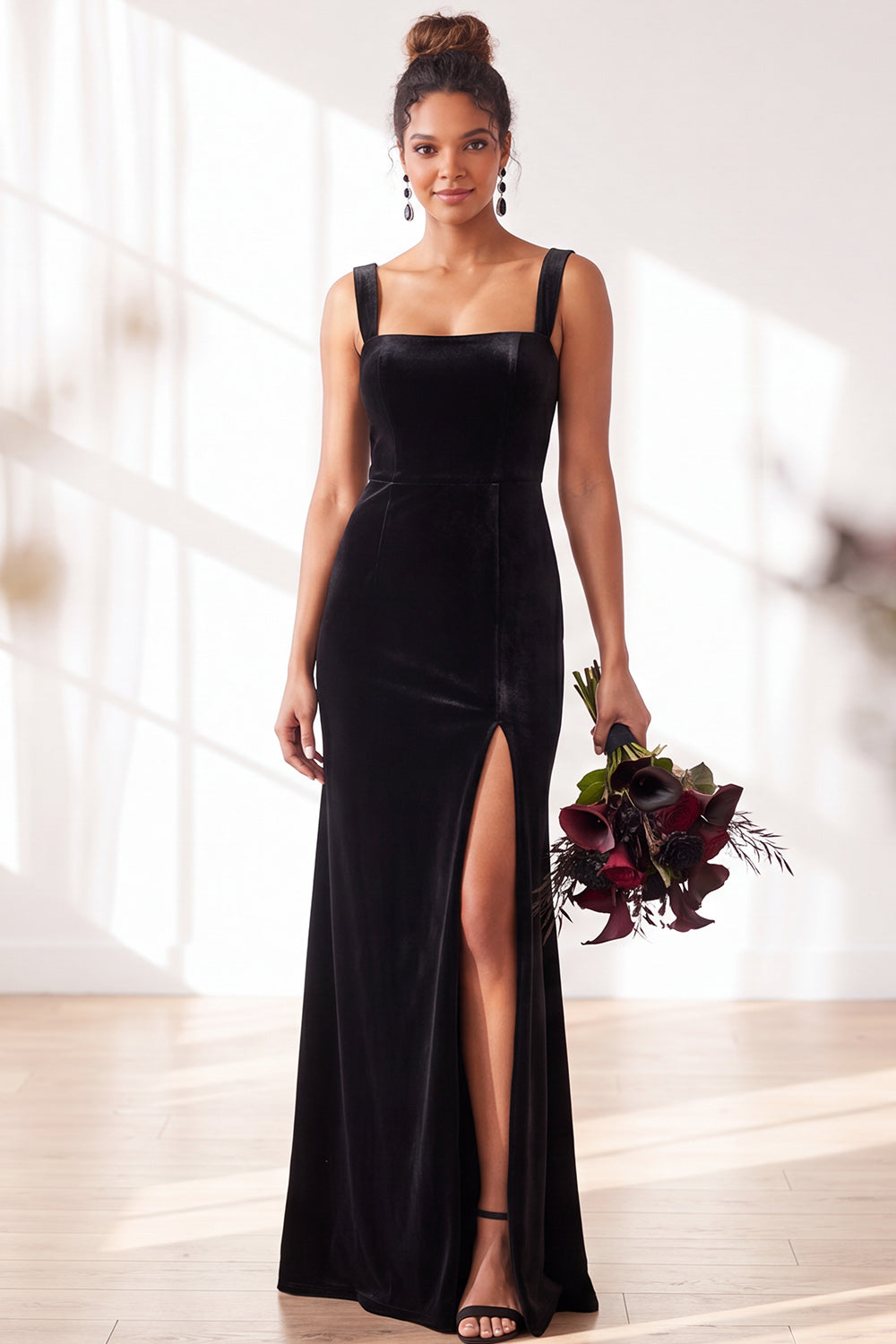 Burgundy Velvet Sheath Long Formal Dress with Slit