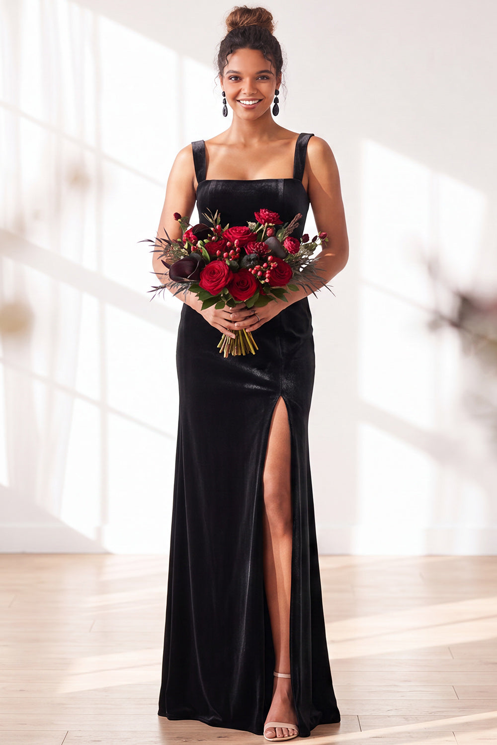 Burgundy Velvet Sheath Long Formal Dress with Slit