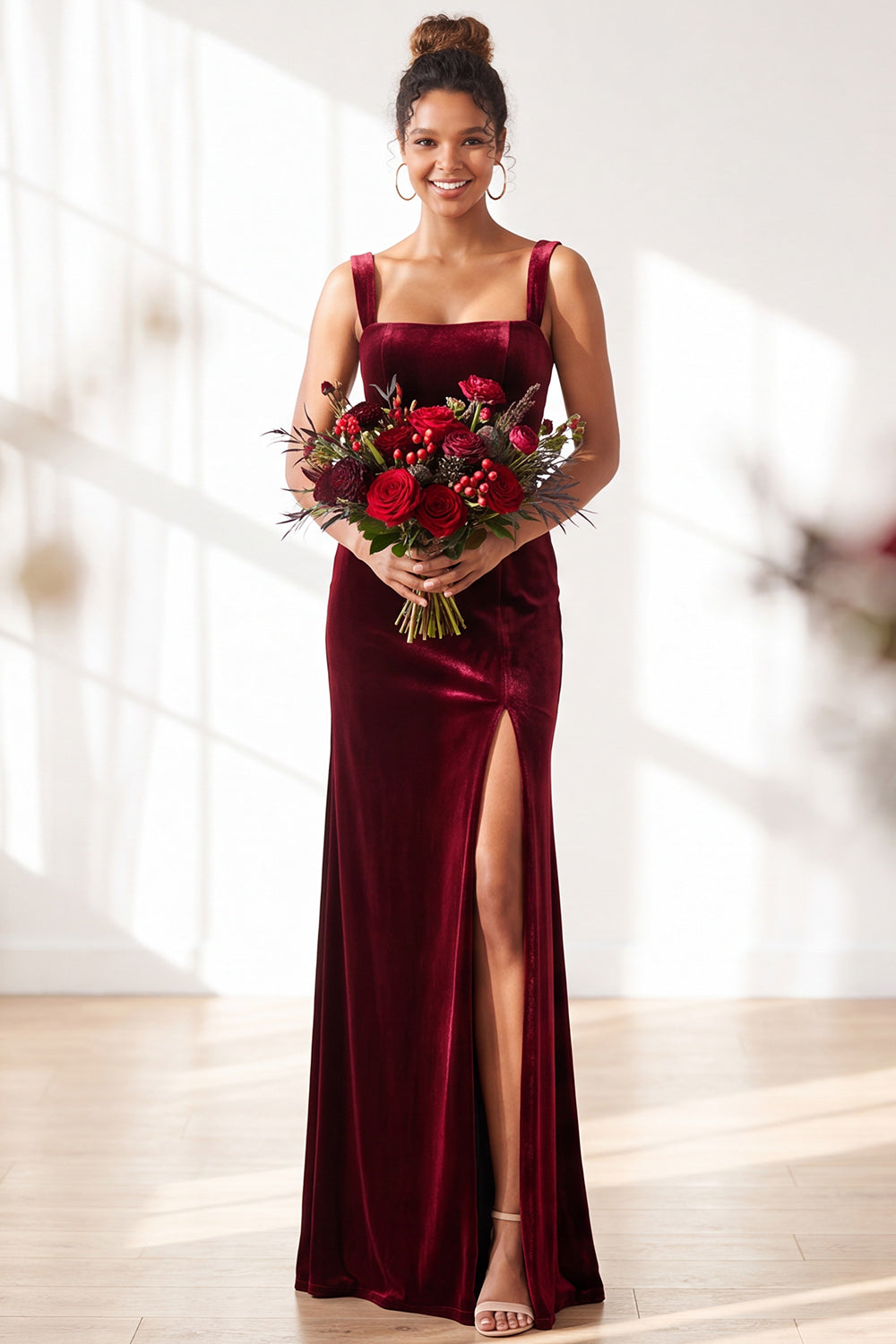 Burgundy Velvet Sheath Long Formal Dress with Slit