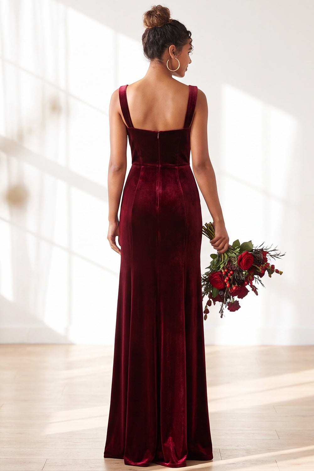 Burgundy Velvet Sheath Long Formal Dress with Slit