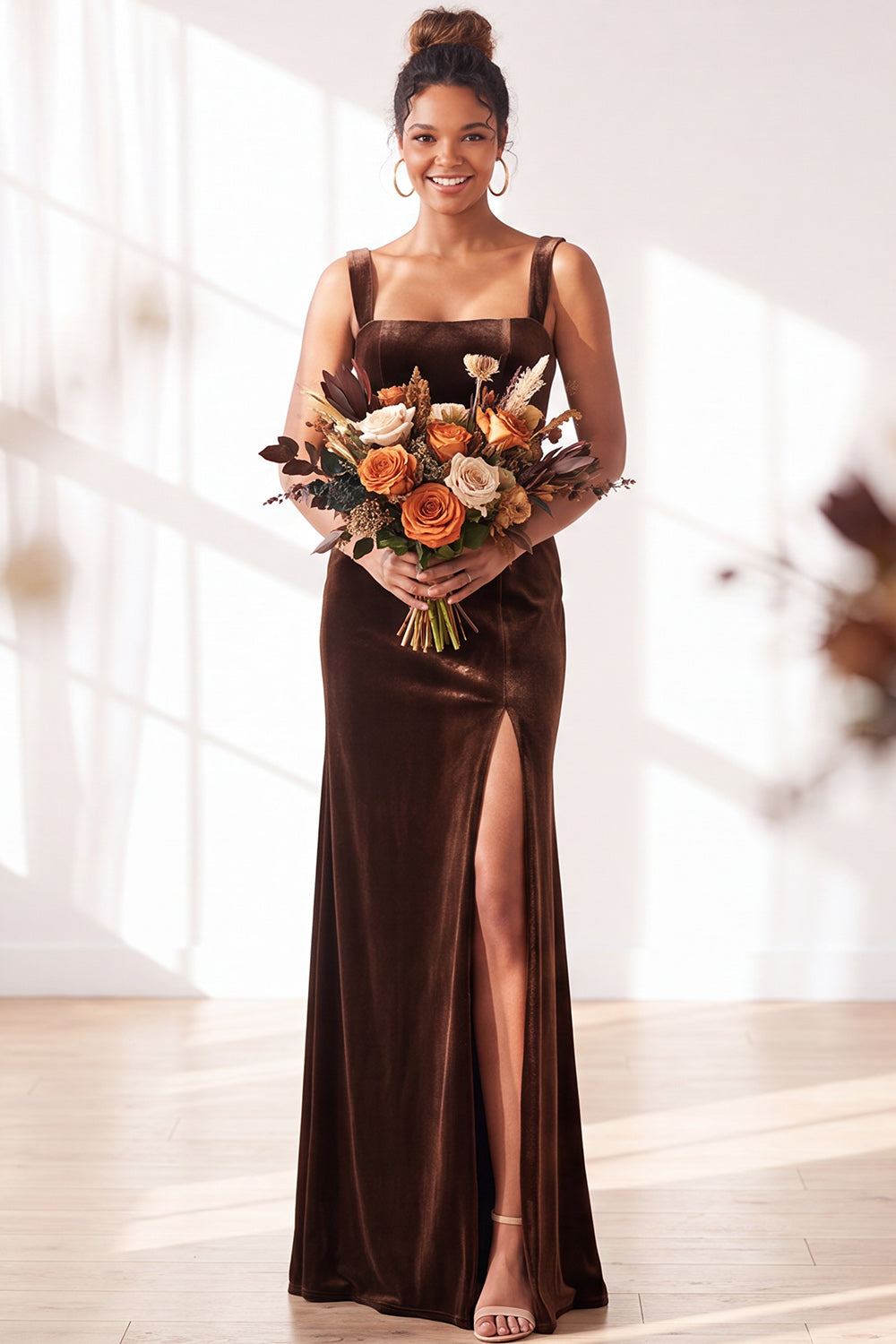 Burgundy Velvet Sheath Long Formal Dress with Slit