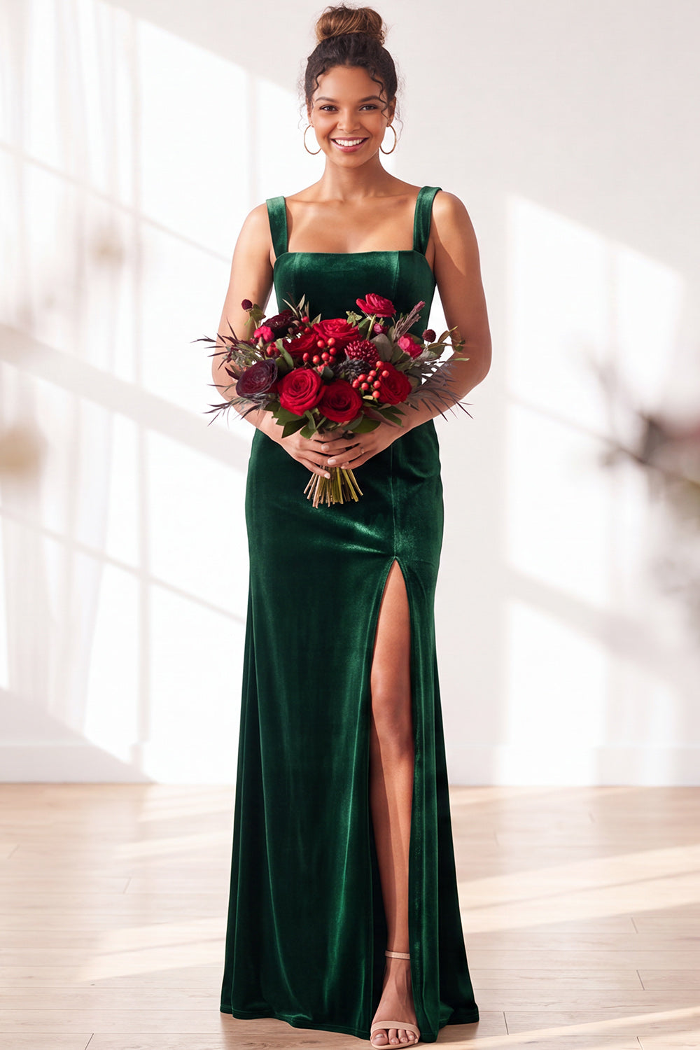 Burgundy Velvet Sheath Long Formal Dress with Slit