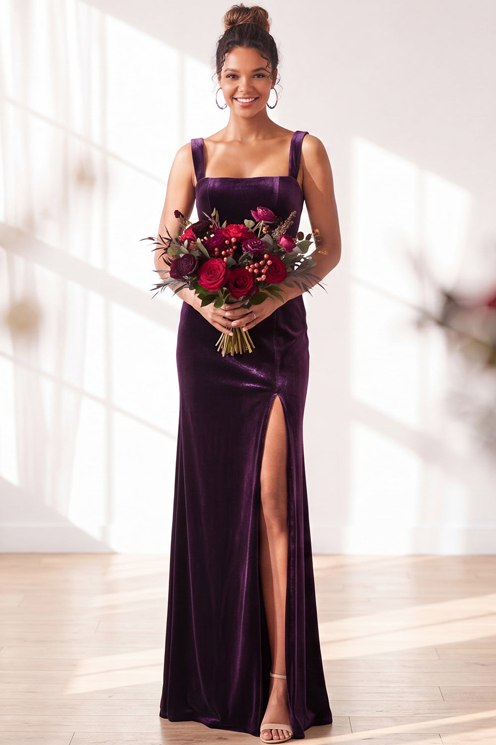 Burgundy Velvet Sheath Long Formal Dress with Slit