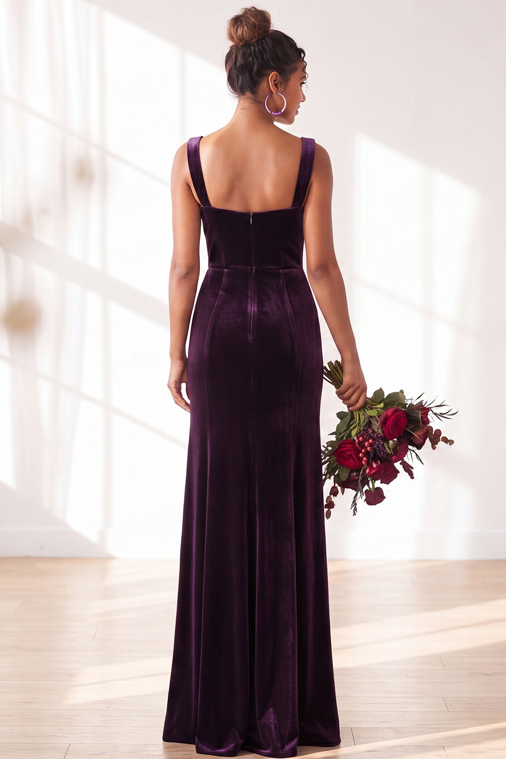 Burgundy Velvet Sheath Long Formal Dress with Slit